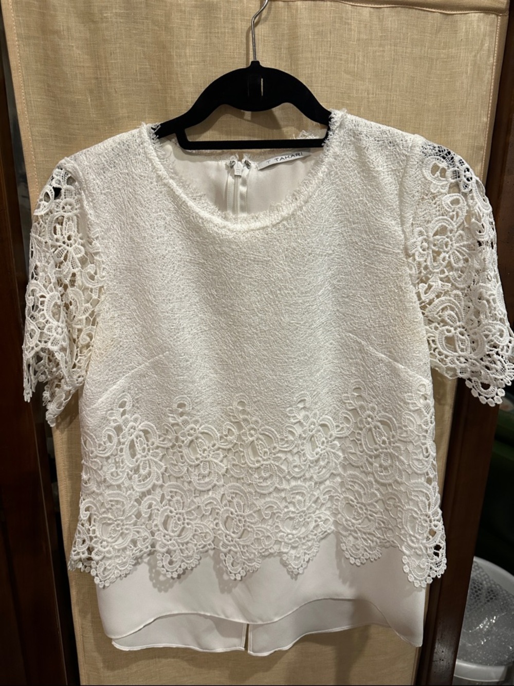 Tahari Ivory Lace Short Sleeve Mixed-Texture Top